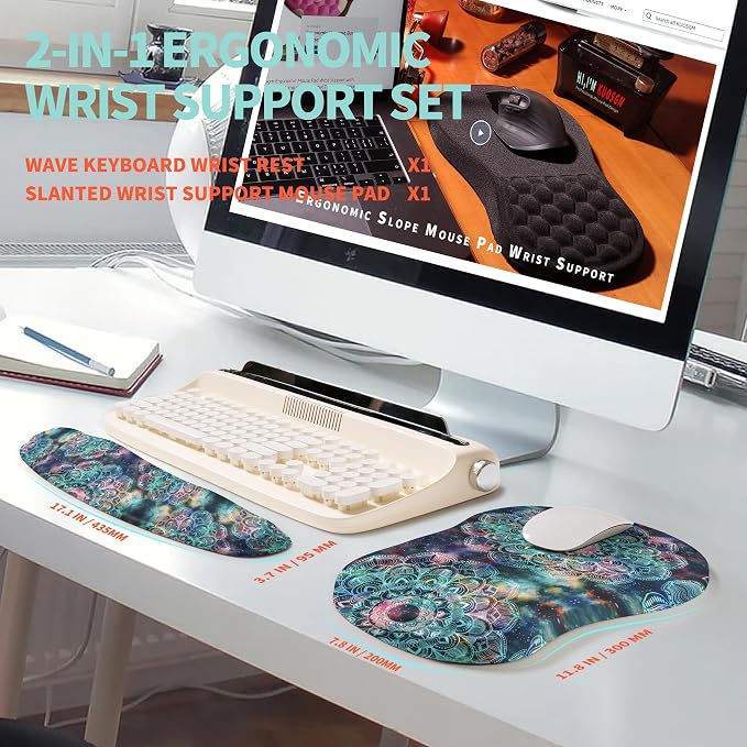 2-in-1 Ergonomic Set, Wave Rise Keyboard Wrist Rest and Massage Bulge Slope Mouse Pad Wrist Support, Cushion Memory Foam Integrated to Relieve Wrist Pain, Galaxy Mandala - Image 5
