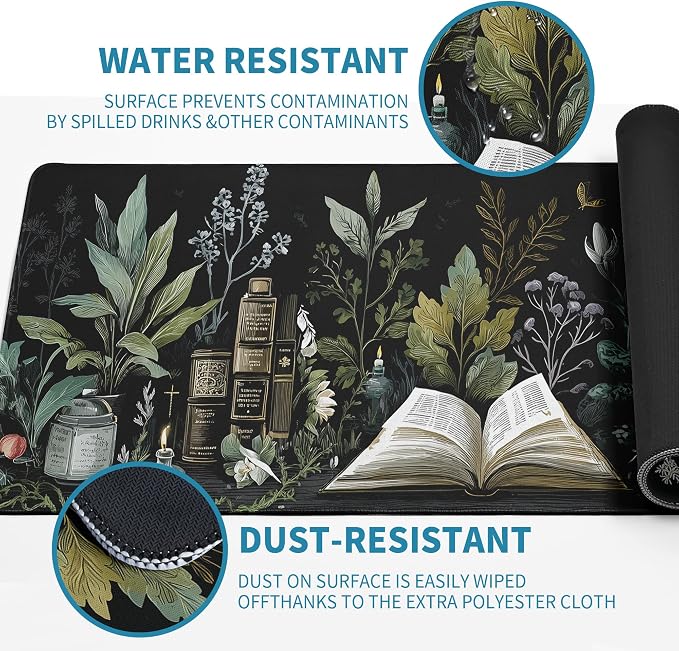 Dark Academia Mouse Pad Desk Mat XL Extended Large Gaming Desk Pad Mousepad, Mystical Green Plant Computer Laptop Keyboard and Mouse Mat, Desktop Protector Mat for Office and Home 31.5x11.8 in - Image 6