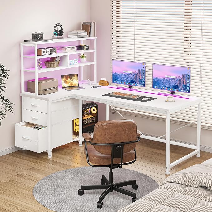 DurayLoly L Shaped White Desk with 3 Drawers,Shelf and PC Stand for Storage - Image 7
