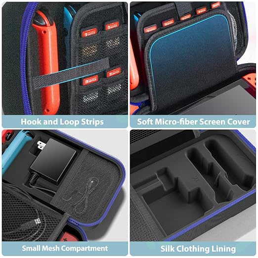 Switch Carrying Case Compatible with Nintendo & OLED, Portable Switch Travel Carry Case Fit for Joy-Con and Adapter, Hard Shell Protective OLED Pouch Bag with 20 Games, Blue - Image 5