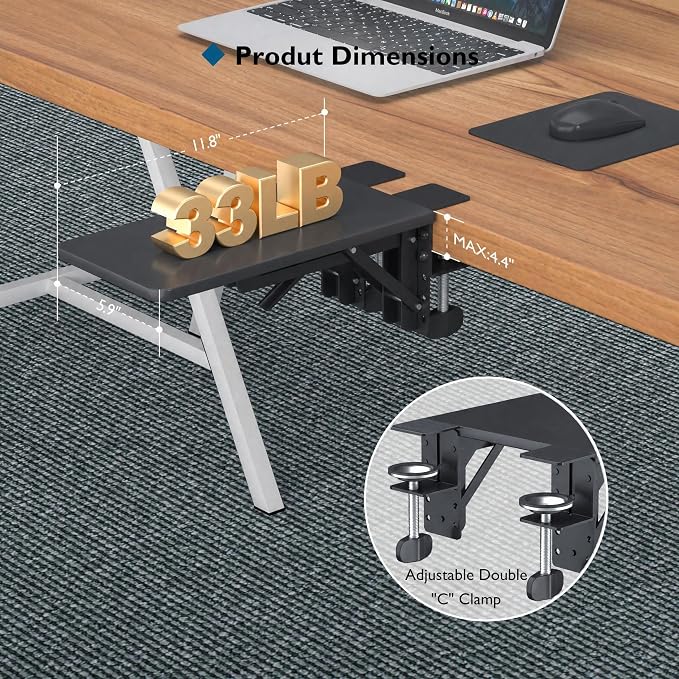 BONTEC Desk Extender Tray, 11.8 x 5.9 Inch, Black Pattern | 90° Foldable Elbow Support, Table Mount Arm Wrist Rest Shelf, Clamp on Computer Arm Rest, Easy to Install, Office & Home Use - Image 6