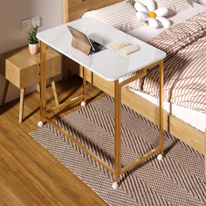 4NM 27.5" Mobile Small Rolling Computer Desk, Folding Laptop Cart Table with Wheels, Portable Office Desk for Small Space Couch Bed - White and Golden - Image 2