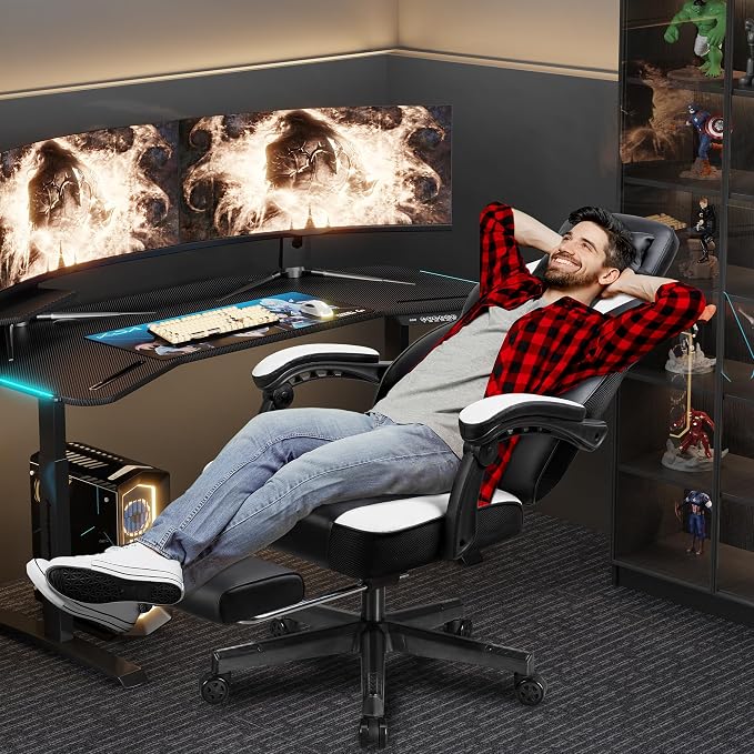 Shintenchi Gaming Chair,Video Game Chair with footrest and Massage Lumbar Support,Height Adjustable Game Chair with 360°Swivel Seat Ergonomic Computer Chair with Headrest for Office or Gaming(White) - Image 3