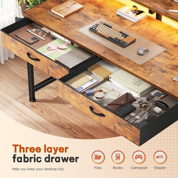 DurayLoly Gaming Desk with 2Drawers & LED Lights,Space Saving,Rustic Brown - Image 8