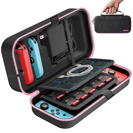 Switch OLED Carrying Case Compatible with Nintendo Switch & OLED, Portable Switch Travel Carry Case Fit for Joy-Con and Adapter, Hard Shell Protective Switch Pouch Bag with 20 Games, Pink by OIVO