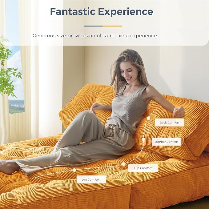 MAXYOYO Folding Sofa Bed, Convertible Chair Bed with Pillow | Foldable Couch with Back Support, Portable Fold Out Chair Comfy Floor Sofa for Living Room Bedroom, Orange, Double - Image 8