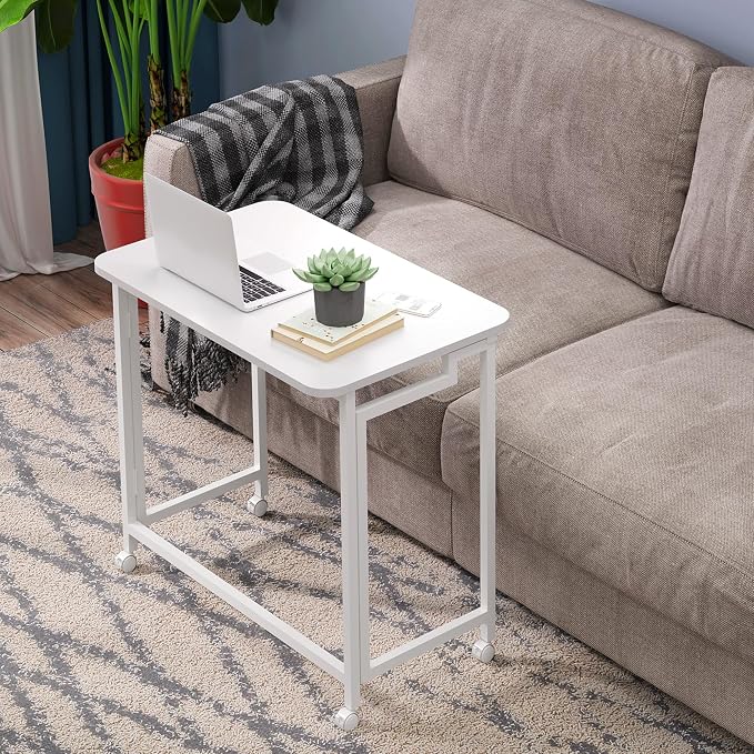 4NM 23.6" Mobile Small Rolling Computer Desk, Folding Laptop Cart Table with Wheels, Portable Office Desk for Small Space Couch Bed - All White - Image 5