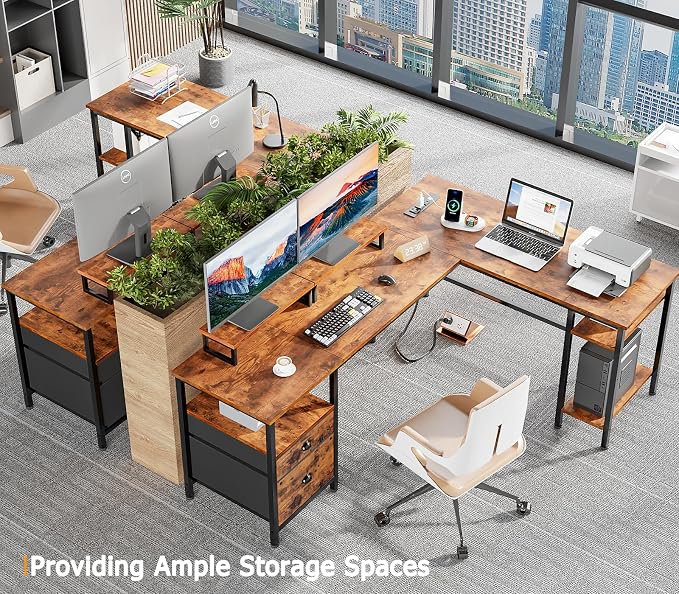 Furologee 66” L Shaped Desk with Power Outlet, Reversible Home Office Desk with File Drawer, 2 Monitor Stands, Storage Shelves, Corner Computer Table for Gaming, Writing, Rustic Brown - Image 7