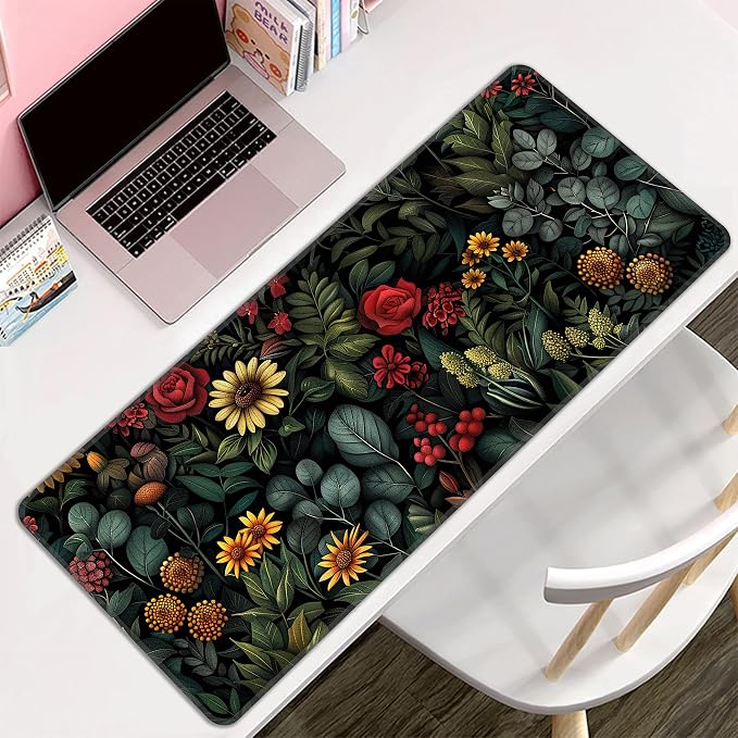Floral Plant Desk Mat, XL 31.5"x11.8" Large Mouse Pad, Dark Flower Extended Gaming Mouse Mat,Non-Slip Rubber Base Waterproof with Stitched Edges for Gaming Office Home Decor - Image 8