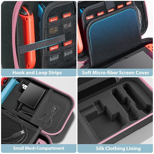 Switch OLED Carrying Case Compatible with Nintendo Switch & OLED, Portable Switch Travel Carry Case Fit for Joy-Con and Adapter, Hard Shell Protective Switch Pouch Bag with 20 Games, Pink - Image 5
