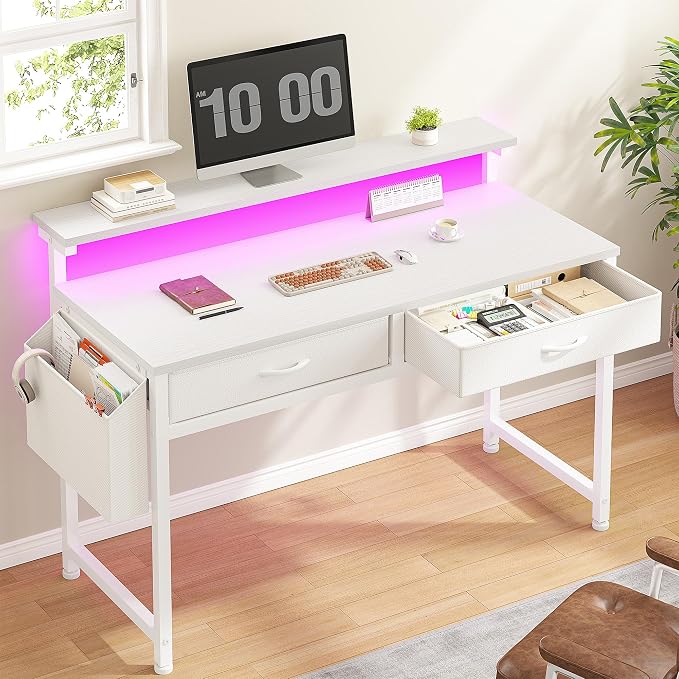 DurayLoly 39.4”Computer Desk with 2Drawers & LED Lights,Space Saving,White by Durayloly
