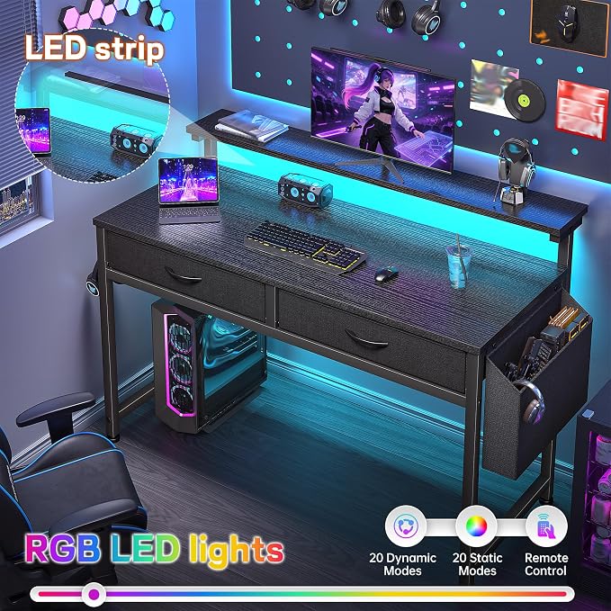 DurayLoly 39.4" Office Computer Desk with LED Lights & 2 Drawers,Black - Image 5