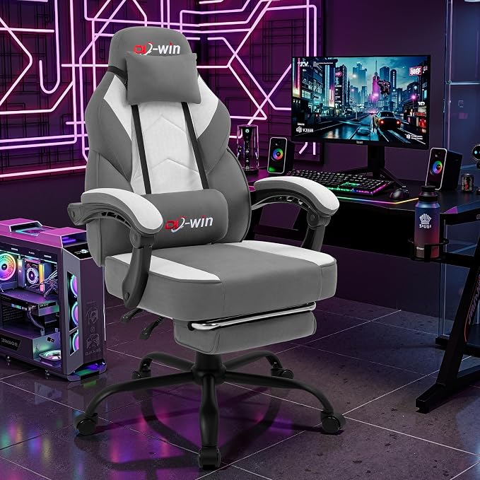 DL-win Gaming Chair for Adults with Footrest & Massage Lumbar Support, Ergonomic High Back Gamer Chair, Adjustable Swivel Computer Gaming Chairs with Headrest and Linkage Armrests,Green (Greige) - Image 2