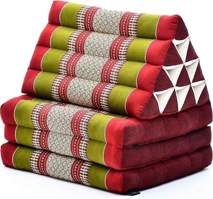 Leewadee - Comfortable Japanese Floor Mattress Used As Thai Floor Bed with Triangle Cushion, Futon Mattress Or Thai Massage Mat, 67 x 21 inches, Green Red | Floor & lounge cushion for relaxing, reading & TV - for meditation & yoga, firm & stable - Image 3