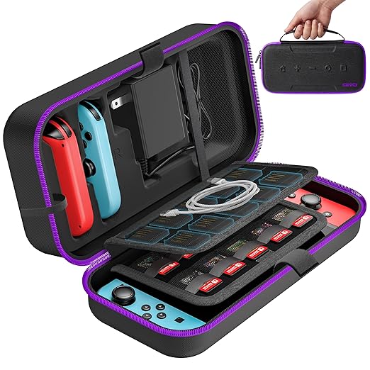 OIVO Switch 1 Carrying Case Compatible with Nintendo & OLED, Portable Switch Travel Carry Case Fit for Joy-Con and Adapter, Hard Shell Protective OLED Pouch Bag with 20 Games, Purple by OIVO