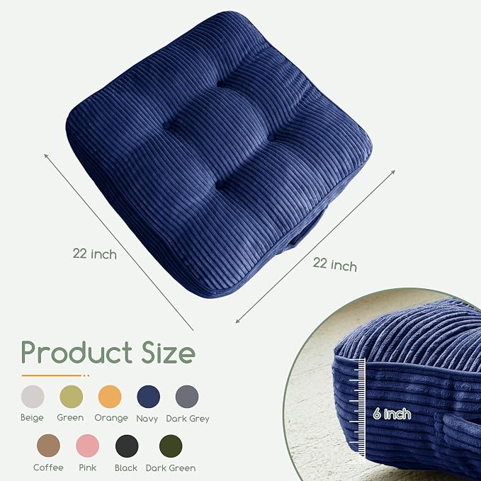 HIGOGOGO 6" Extra Thick Floor Pillow Cushion for Adults, Meditation Cushion Pillow, Large Square Floor Sitting, Tufted Corduroy Cover, for Tatami Living Room or Yoga, 22x22 Inch, 2Pack, Navy - Image 2