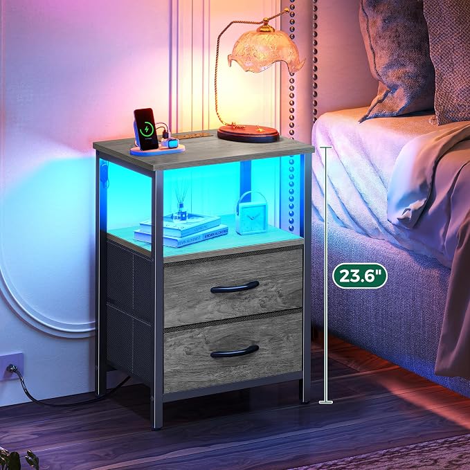 Huuger Night Stand with Charger Station and LED Lights, 2 Drawer Nightstand - Image 4