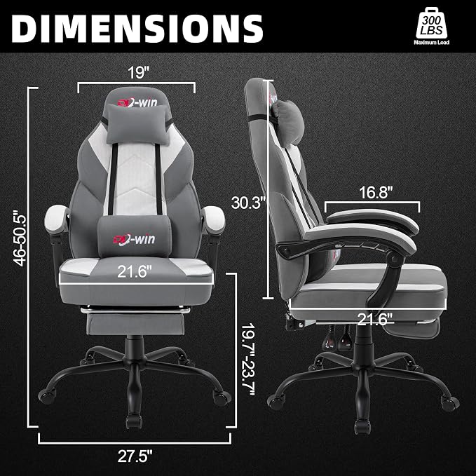 Shintenchi Big and Tall Gaming Chair Fabric Pocket Spring Cushion,High Back Recliner with Footrest and Headrest for Adults, Massage Lumbar Support for Home Office, Ergonomic Computer Desk Chair, Gray - Image 3