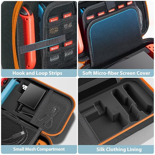 OIVO Switch OLED Carrying Case Compatible with Nintendo Switch & OLED, Portable Switch Travel Carry Case Fit for Joy-Con and Adapter, Hard Shell Protective Switch Pouch Bag with 20 Games, Orange - Image 5