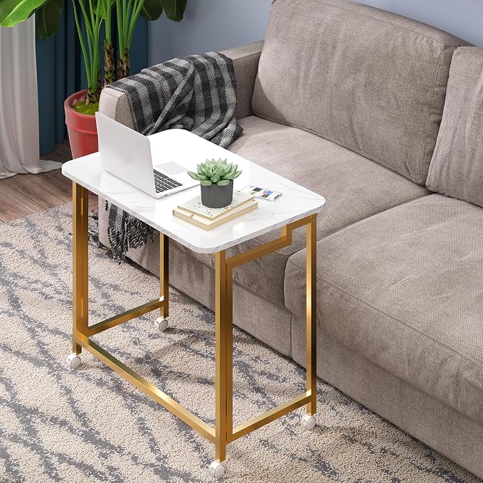 4NM 23.6" Mobile Small Rolling Computer Desk, Folding Laptop Cart Table with Wheels, Portable Office Desk for Small Space Couch Bed - White and Golden - Image 5