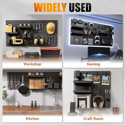 Wall Organizer Set 4 Pack 11"x11" No-Drill Peg Board Pannels with 16 Hooks & Bins Modular Pegboard Wall Organization for Gaming Room Home Office Craft Room and Kitchen, Black - Image 6