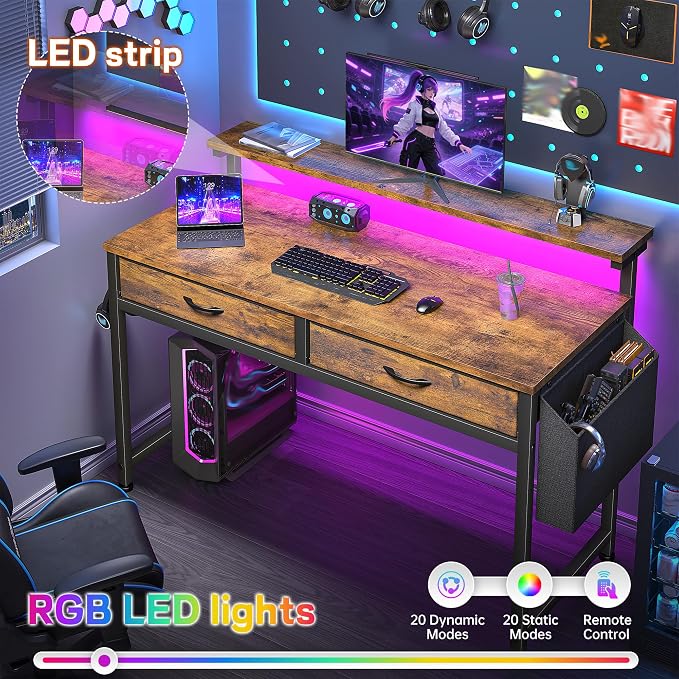 Gaming Desk with LED Lights & 2 Fabric Drawers, 39.4Inch Home Office Computer Desk with Side Pocket & Ergonomic Monitor Stand, Small Space Study Writing Table with Anti-Tip Design, Rustic Brown - Image 5