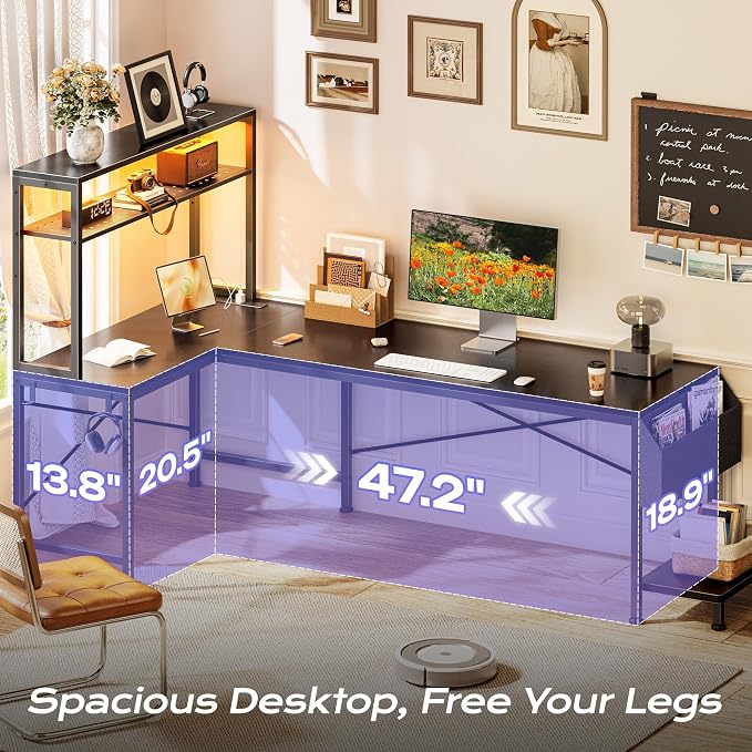 PRAISUN L Shaped Gaming Desk with LED Lights & Power Outlets | Reversible Computer Desk with Storage Shelves & Bag, Large Corner Home Office Desk with Pegboard for Work from Home, Black - Image 5