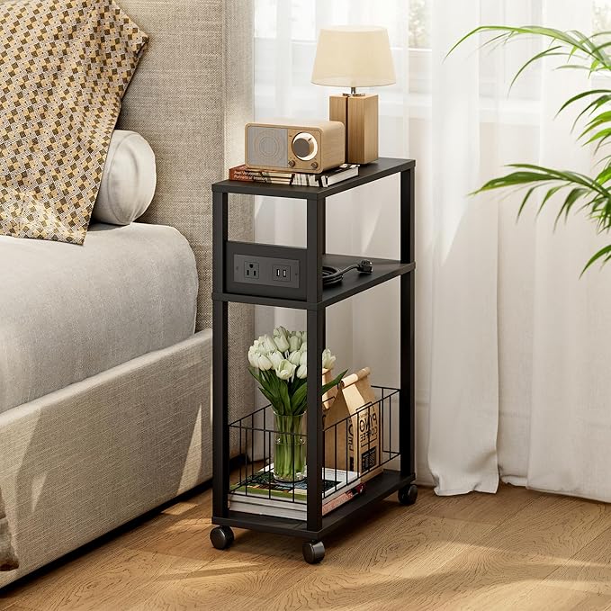 Rolling Side Table with Wheels, Narrow End Table with Charging Station by DGSANDGPuttheCustomerFirst