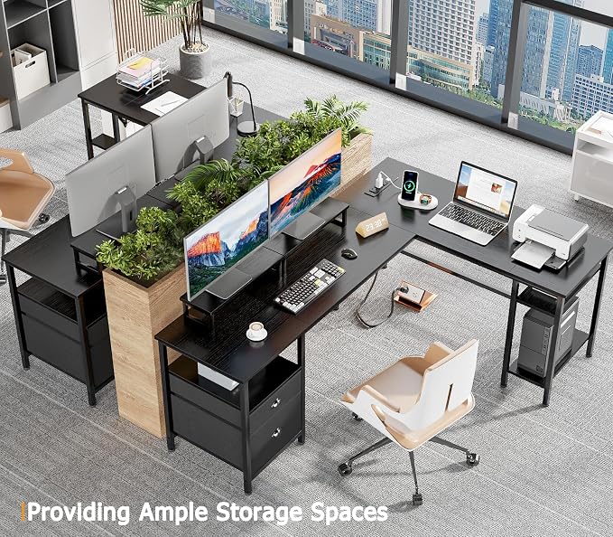 Furologee 66 Inch L Shaped Desk with 2 Drawers and Power Outlet, Black - Image 8