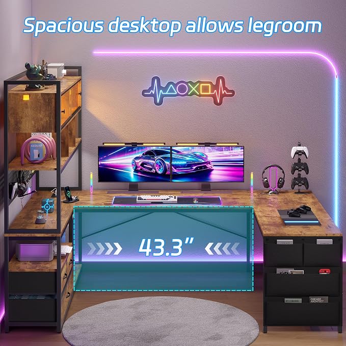 busyeah U-Shaped Gaming Desk with Storage Shelves & 3 Drawers, Rustic Brown | Reversible Computer Desk with LED Lights & Charging Station, Gaming Desk with Hutch and Pegboard for Home Office, Gamers - Image 5
