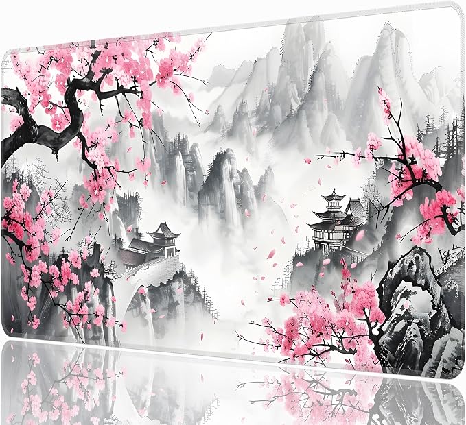Japanese Watercolor Cherry Blossoms Desk Mat, XXL 35.4"x15.7" Large Mouse Pad, Pink Sakura Extended Gaming Mouse Mat,Non-Slip Rubber Base Waterproof with Stitched Edges for Gaming Office Home Decor by Unknown