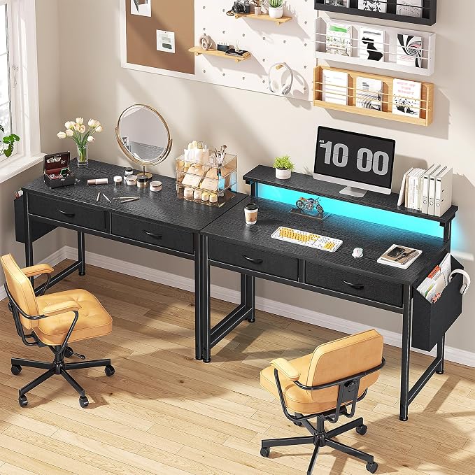 DurayLoly 31Inch Office Computer Desk with LED Lights & 2 Fabric Drawers, Gaming Desk with Side Pocket & Ergonomic Monitor Stand, Small Space Study Writing Table with Anti-Tip Design,Black - Image 9