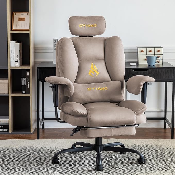Symino Gaming Chair with Foot Rest, Unique Up/Down Armrests, Twill Fabric Ergonomic High Back Chair, 150° Recline Solid Color Computer Desk Chair, Light Coffee - Image 2