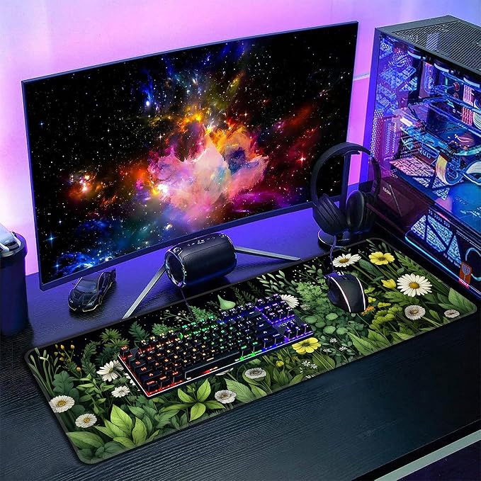 Green Vintage Plants Desk Mat, XL 31.5"x11.8" Large Mouse Pad, Wildflowers Extended Gaming Mouse Mat,Non-Slip Rubber Base Waterproof with Stitched Edges for Gaming Office Home Decor - Image 7