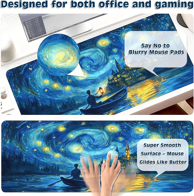 Gaming Desk Mat with Silky Smooth Surface & Exquisite Patterns,31.5x11.8 Inches Large-Sized Mouse Pad, Perfect for Extended Gaming,Work,and Home Office Decor (Van Gogh Oil Painting 1) - Image 4