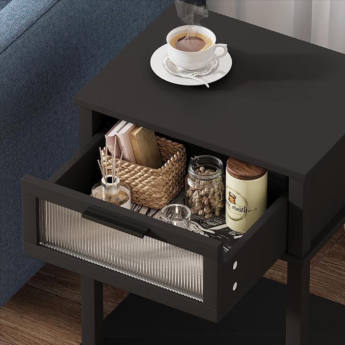 Nightstand Wooden Bedside Table with Drawer Black Night Stands Modern Style Small End Table Side Table with Storage Shelf for Bedroom Living Room MLBZ10B - Image 8