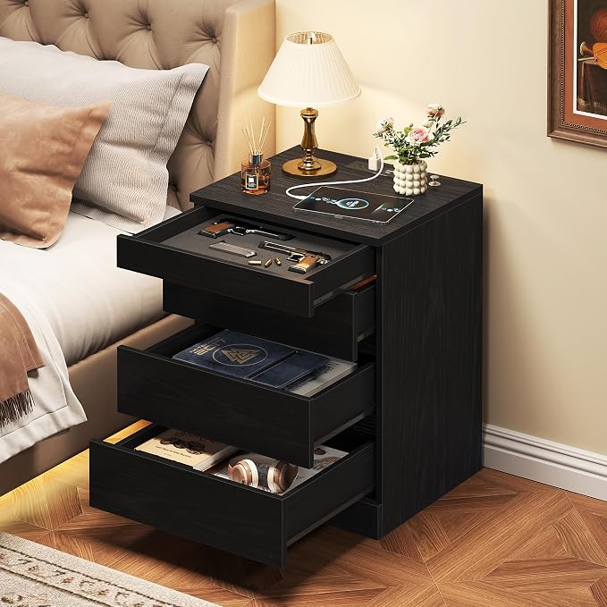 Nightstand with Hidden Lock Gun Drawer, 4 Drawers Night Stand with Charging Station, Modern Night Stand for Bedroom, Office, Black - Image 6