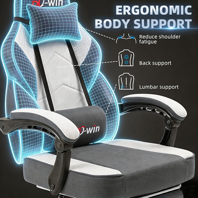 Shintenchi Big and Tall Gaming Chair Fabric Pocket Spring Cushion,High Back Recliner with Footrest and Headrest for Adults, Massage Lumbar Support for Home Office, Ergonomic Computer Desk Chair, Gray - Image 4