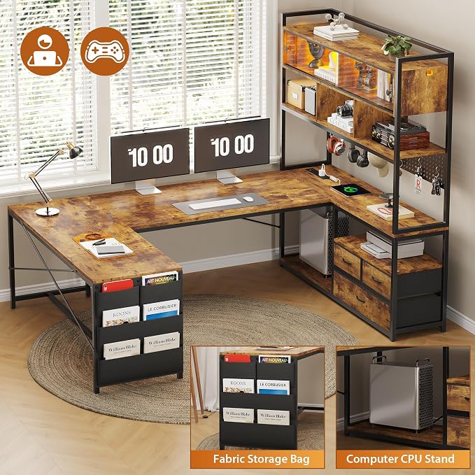 Dnxao 65" Gaming Desk with 3 Drawers and Pegboard, Rustic Brown | Reversible U Shaped Computer Desk with Power Outlets and LED Lights, Storage Shelves Workstation with Pegboard for Gamers - Image 5