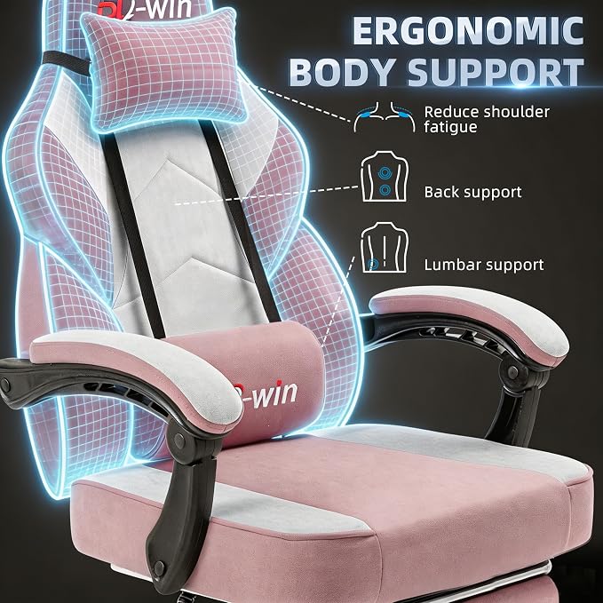 Shintenchi Big and Tall Gaming Chair Fabric Pocket Spring Cushion, High Back Recliner with Footrest and Headrest for Adults, Massage Lumbar Support for Home Office, Ergonomic Computer Desk Chair, Pink - Image 4