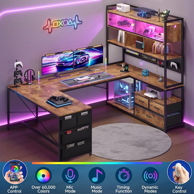 busyeah U-Shaped Gaming Desk with Storage Shelves & 3 Drawers, Rustic Brown | Reversible Computer Desk with LED Lights & Charging Station, Gaming Desk with Hutch and Pegboard for Home Office, Gamers - Image 6