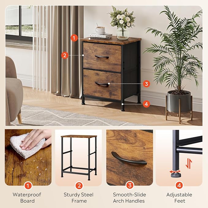 WLIVE Night Stand, Small Dresser with 2 Drawers & Wooden Top, Nightstand with Fabric Bins, Bedside Table End Table for Bedroom, Closet, Entryway, College Dorm, Rustic Brown - Image 5