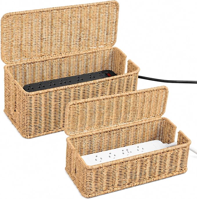 2PCS Cable Management Box Set, Handmade Rattan Cord Organizer by Cantalop