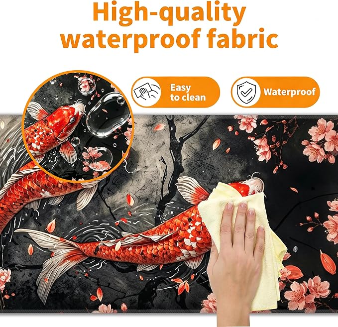 Koi Fish Desk Mat, XL 31.5"x11.8" Large Mouse Pad, Japanese Cherry Blossoms Extended Gaming Mouse Mat,Non-Slip Rubber Base Waterproof with Stitched Edges for Gaming Office Home Decor - Image 4