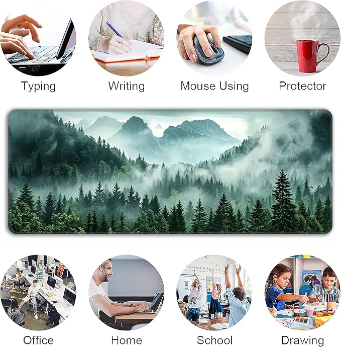 Green Misty Forest Desk Mat, XL 31.5"x11.8" Large Mouse Pad, Mountains Extended Gaming Mouse Mat,Non-Slip Rubber Base Waterproof with Stitched Edges for Gaming Office Home Decor - Image 6