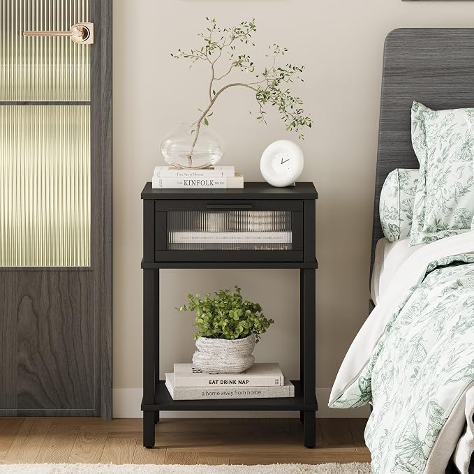 Nightstand Wooden Bedside Table with Drawer Black Night Stands Modern Style Small End Table Side Table with Storage Shelf for Bedroom Living Room MLBZ10B - Image 2
