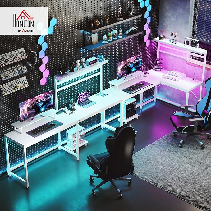 HOMCOM Gaming Desk 62" 2 Person L Shaped Desk, Power Outlets, LED, White - Image 2