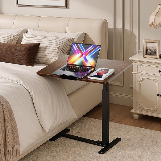 Mobile Standing Desk Adjustable Overbed Table, Pneumatic Height Adjustable Rolling Laptop Desk with Hidden Wheels, 0-180°Tilt Top Rolling Computer Cart Foldable for Home Office, Craft & Study, Brown - Image 2