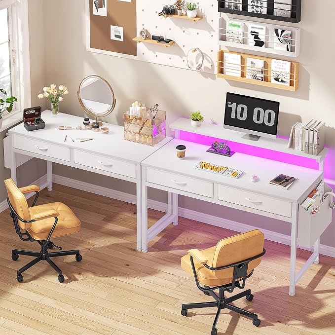 DurayLoly 39.4”Computer Desk with 2Drawers & LED Lights,Space Saving,White - Image 9