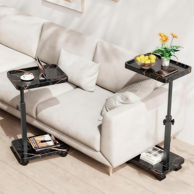 C Table End Table Adjustable Height, 360°Swivel TV Tray Table for Small Spaces, Side Tables with Wheels for Living Room and Bedroom, Bed (Black-15.7 x 11.8 inches) (Pack of 2) - Image 2